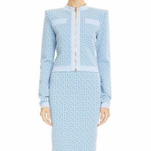 Balmain Blue Monogram Jacquard Zip Cardigan & Skirt